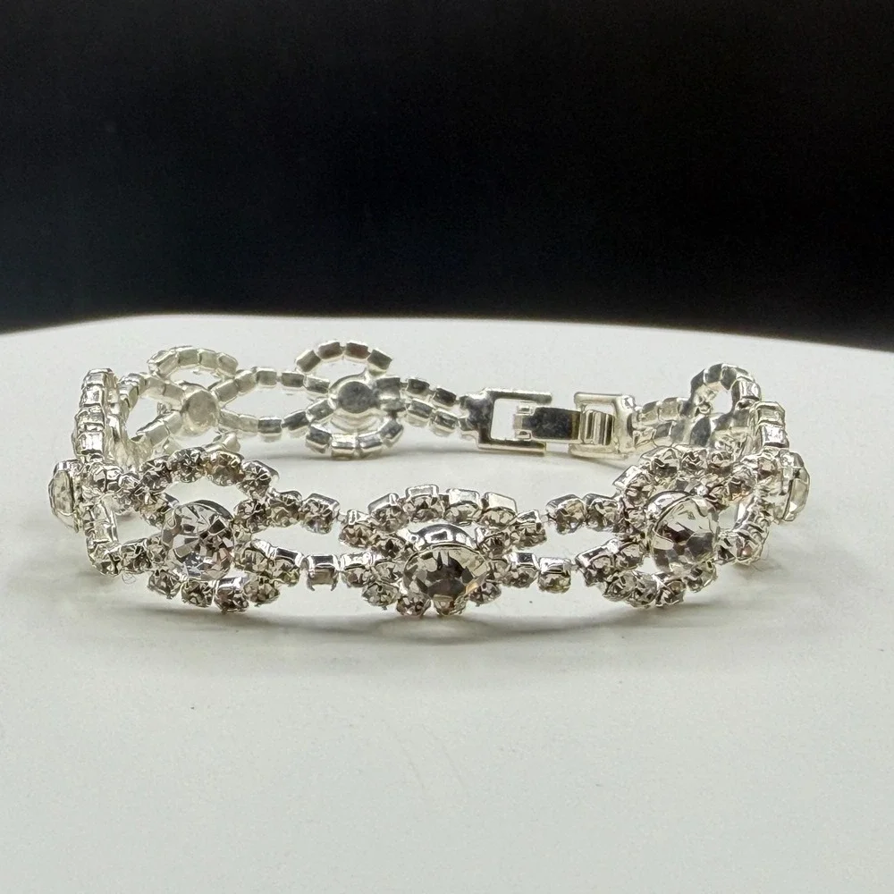 Clear Rhinestone Silver Tone Floral Link Bracelet Bridal Statement Jewelry Gift